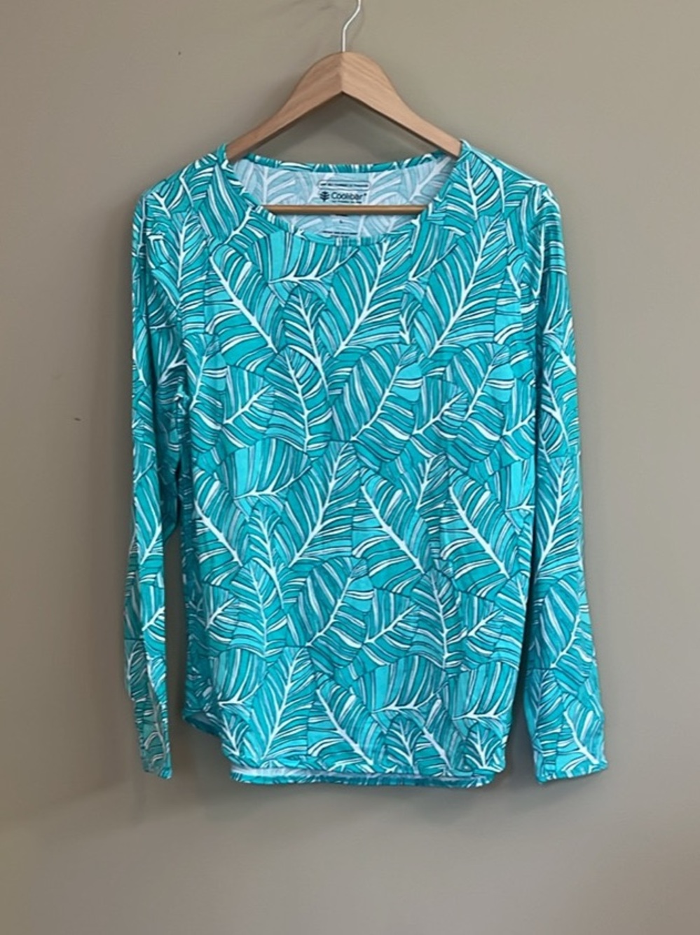 Coolibar UPF 50+ Teal Tropical Leaf Long Sleeve Sun Top Large